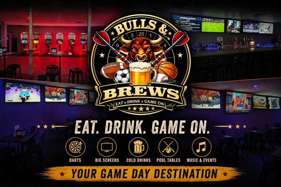 Bulls & Brews bar interior collage with the venue logo