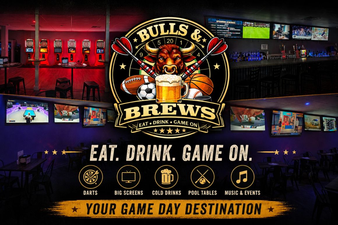 Interior collage of the sports bar with dart boards and televisions