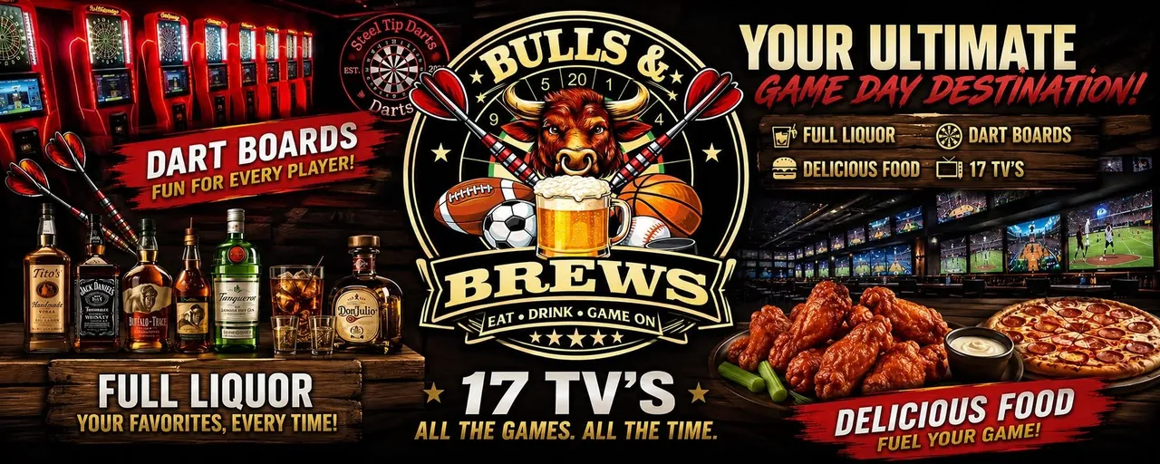 Wide promotional banner for darts and food at Bulls & Brews